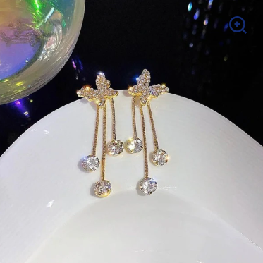 Fashion Jewelry Shiny Butterfly Rhinestone Drop Dangle Earrings Women Elegant Long Pearl Tassel Chain Pendant Party Jewelry