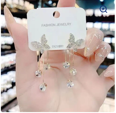 Fashion Jewelry Shiny Butterfly Rhinestone Drop Dangle Earrings Women Elegant Long Pearl Tassel Chain Pendant Party Jewelry